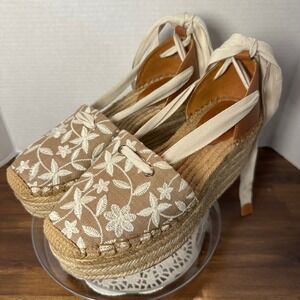 Vince Camuto Floral Embroidered Espadrille Wedge Sandals Tan Lace Up Ankle Tie